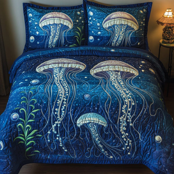 Sea Serenity quilted 3-piece bedding set on a made bed in a light coastal bedroom