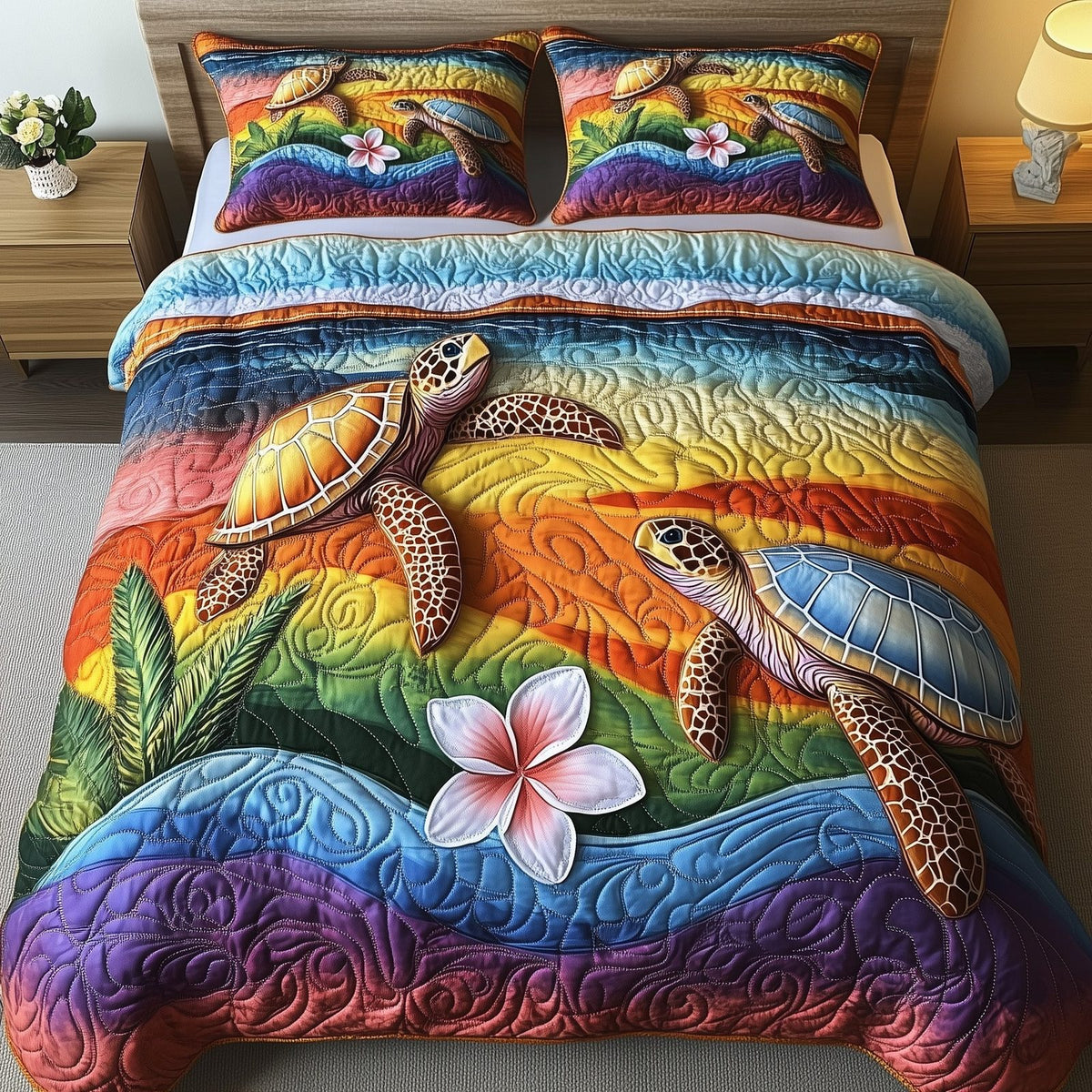 Sea Serenity Turtle quilted 3-piece bedding set on a made bed in a light coastal bedroom
