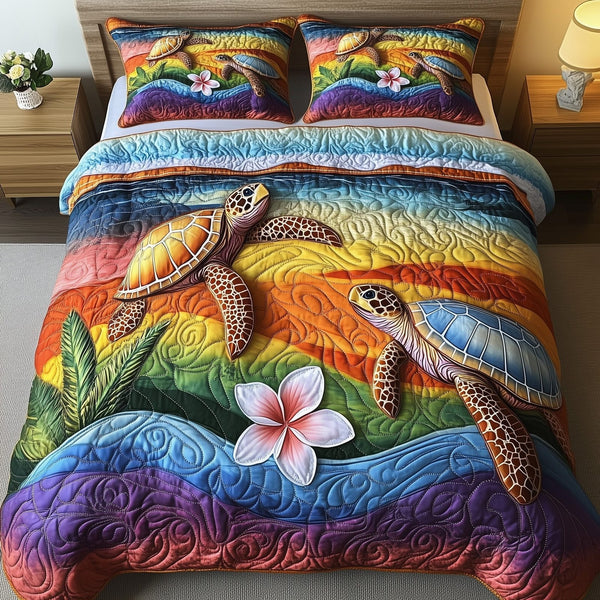 Sea Serenity Turtle quilted 3-piece bedding set on a made bed in a light coastal bedroom