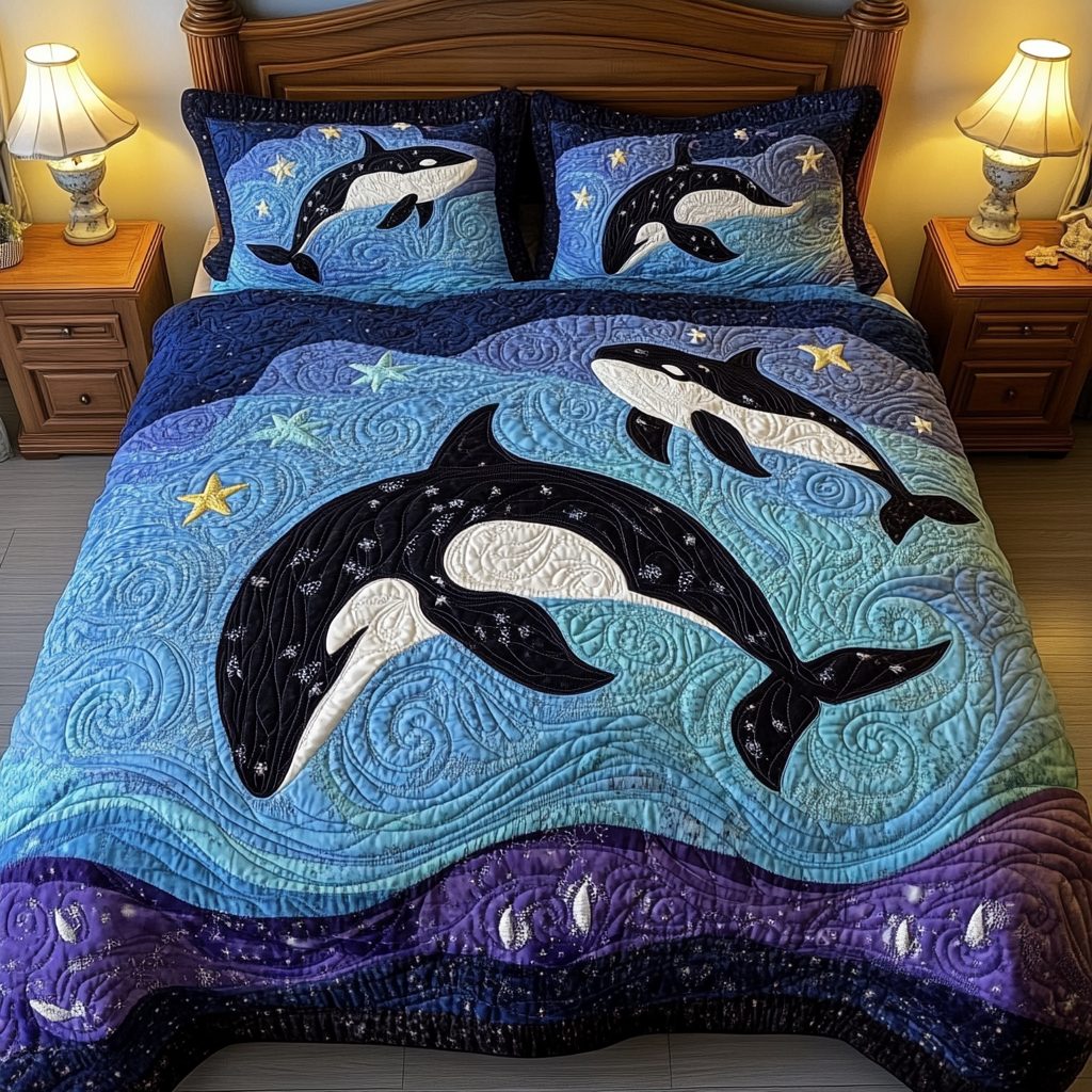 Sea Shadow quilted 3-piece bedding set on a made bed in a light coastal bedroom