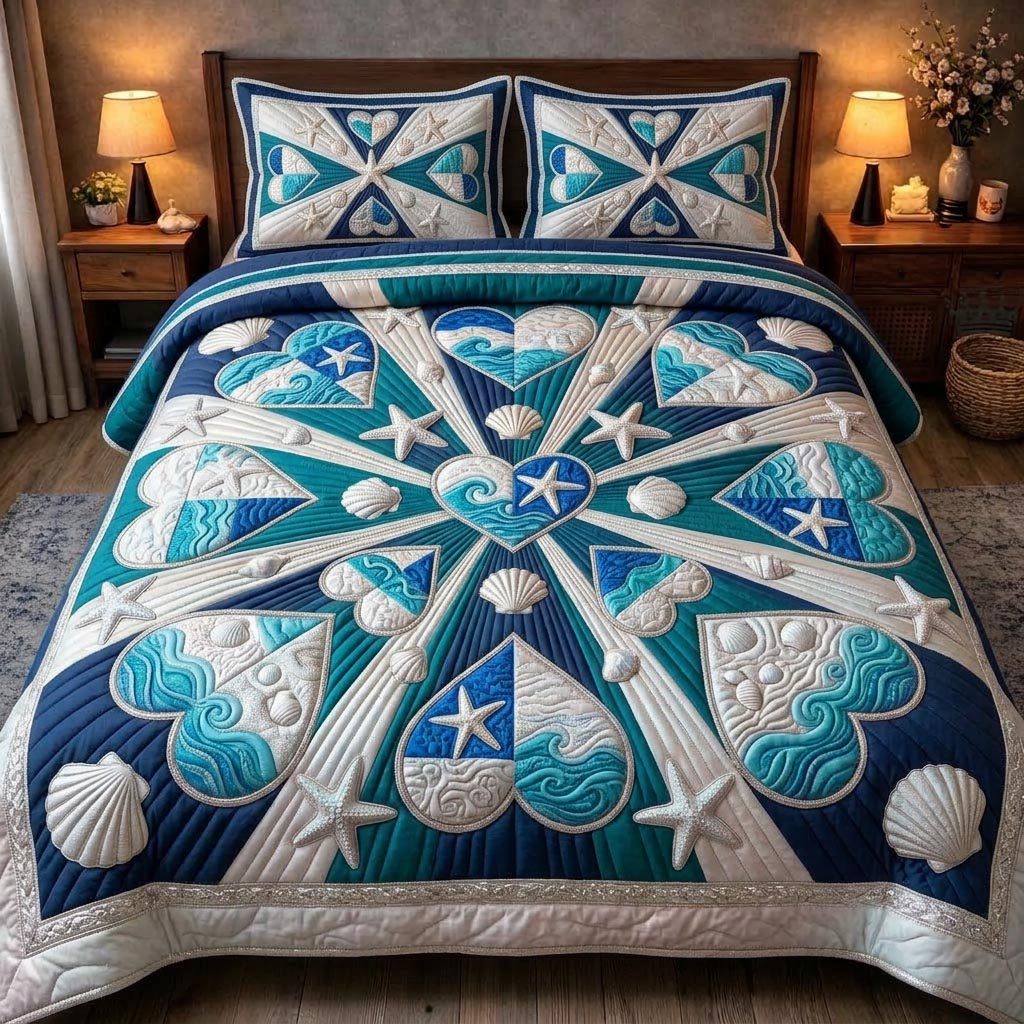 Sea Shells quilted 3-piece bedding set on a made bed in a light coastal bedroom