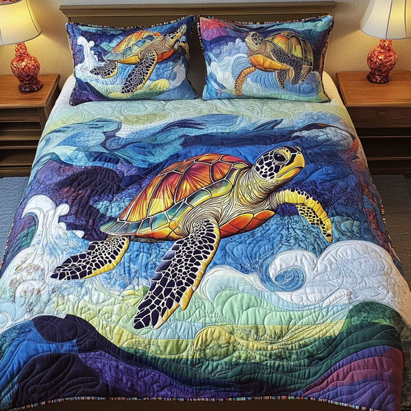 Sea Sojourner quilted 3-piece bedding set on a made bed in a light coastal bedroom