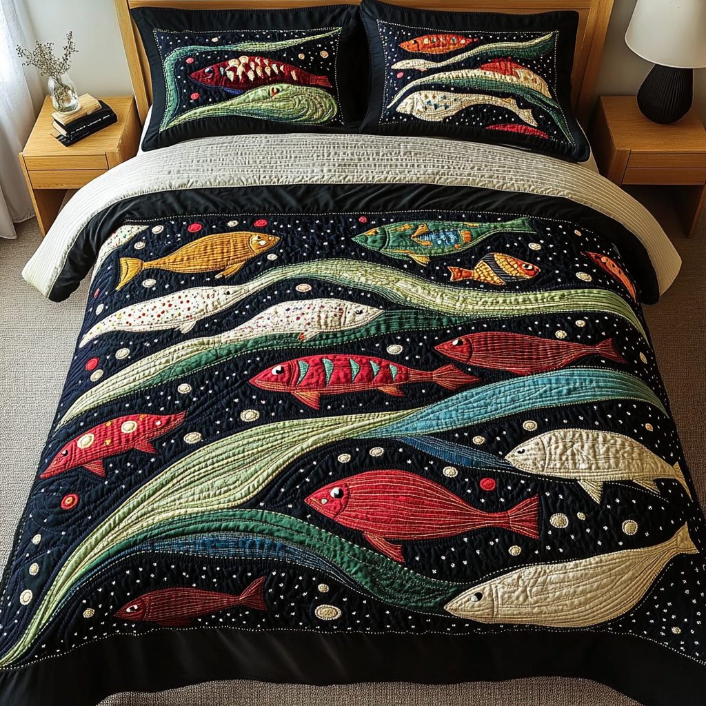 Sea Sparkle quilted 3-piece bedding set on a made bed in a light coastal bedroom