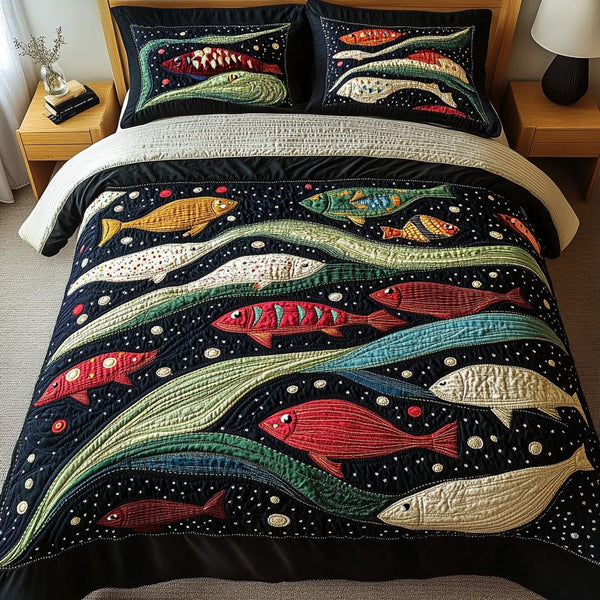 Sea Sparkle quilted 3-piece bedding set on a made bed in a light coastal bedroom