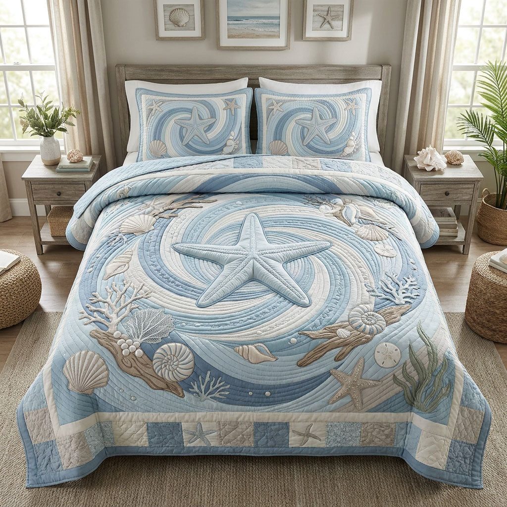 Sea Star Serenade quilted 3-piece bedding set on a made bed in a light coastal bedroom