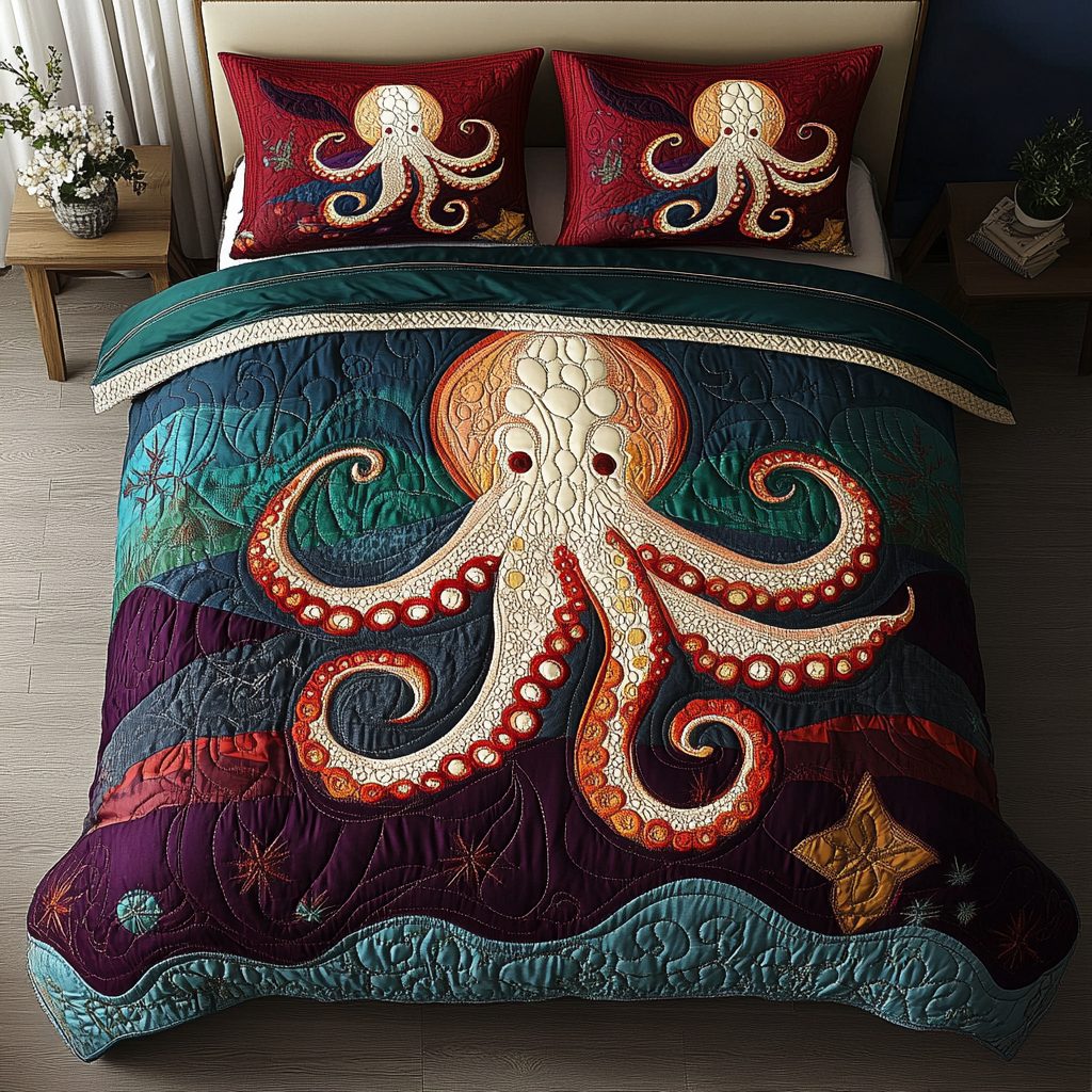 Sea Swirl quilted 3-piece bedding set on a made bed in a light coastal bedroom