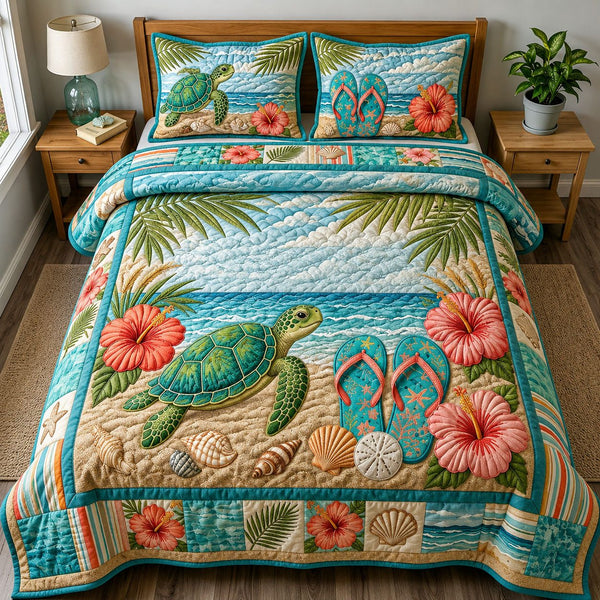 Sea Turtle Coastle quilted 3-piece bedding set on a made bed in a light coastal bedroom