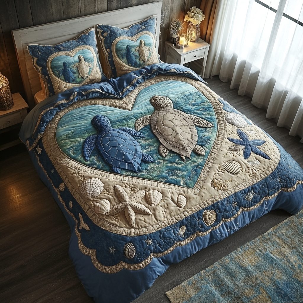 Sea Turtle Couple quilted 3-piece bedding set on a made bed in a light coastal bedroom