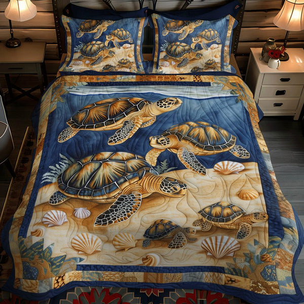 Sea Turtle Cove quilted 3-piece bedding set on a made bed in a light coastal bedroom