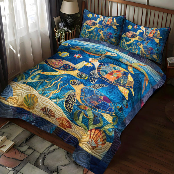 Sea Turtle Gala quilted 3-piece bedding set on a made bed in a light coastal bedroom