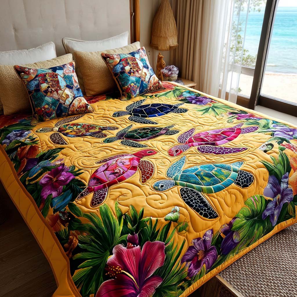 Sea Turtle Glow quilted 3-piece bedding set on a made bed in a light coastal bedroom