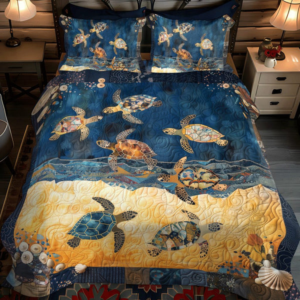 Sea Turtle Mingle quilted 3-piece bedding set on a made bed in a light coastal bedroom