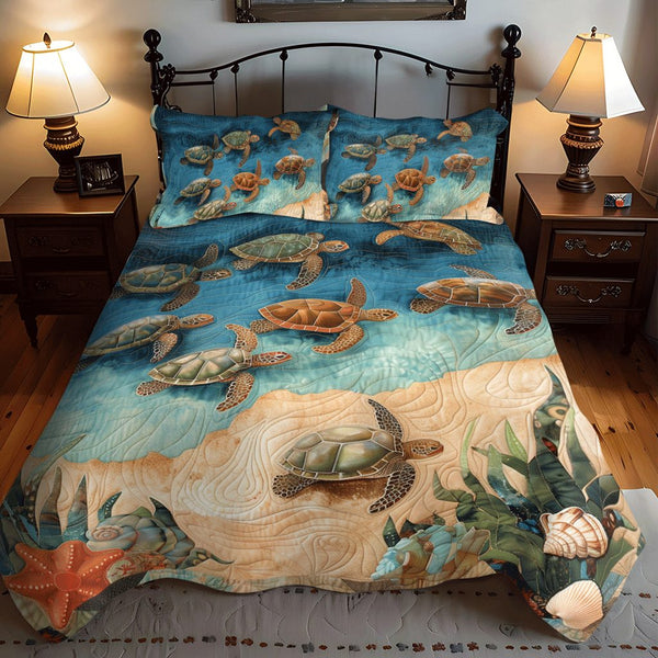 Sea Turtle Oasis quilted 3-piece bedding set on a made bed in a light coastal bedroom
