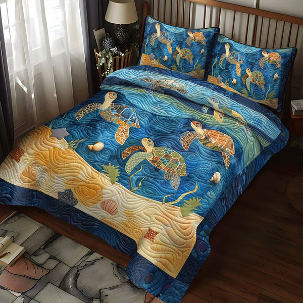 Sea Turtle Playground quilted 3-piece bedding set on a made bed in a light coastal bedroom