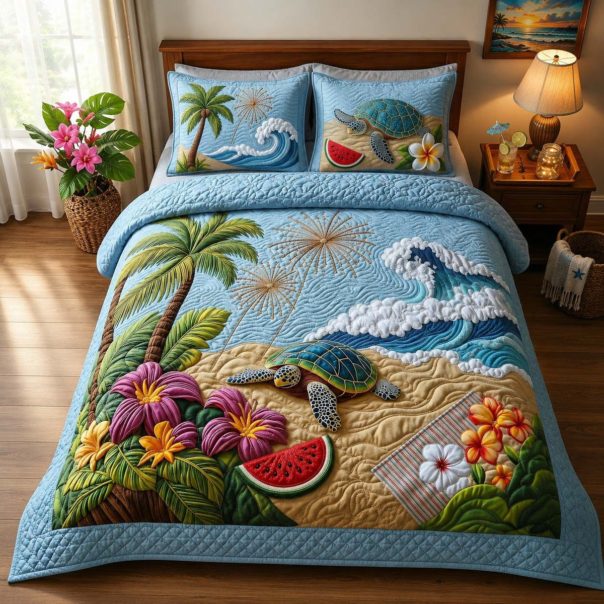 Sea Turtle quilted 3-piece bedding set on a made bed in a light coastal bedroom