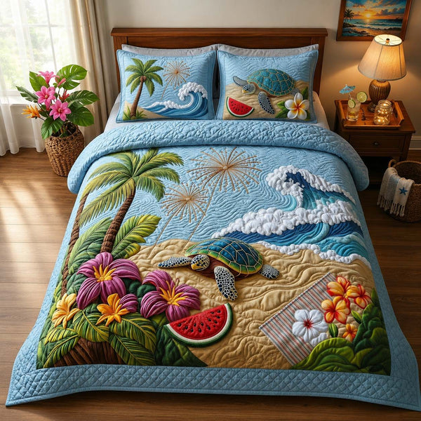 Sea Turtle quilted 3-piece bedding set on a made bed in a light coastal bedroom