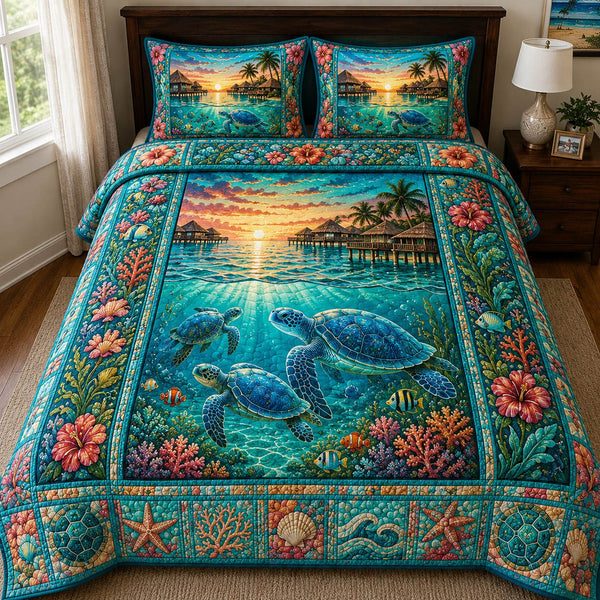 Sea Turtle quilted 3-piece bedding set on a made bed in a light coastal bedroom