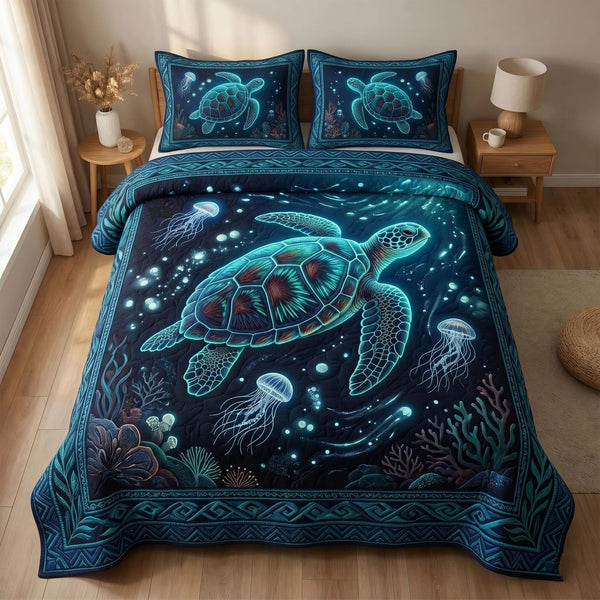 Sea Turtle quilted 3-piece bedding set on a made bed in a light coastal bedroom