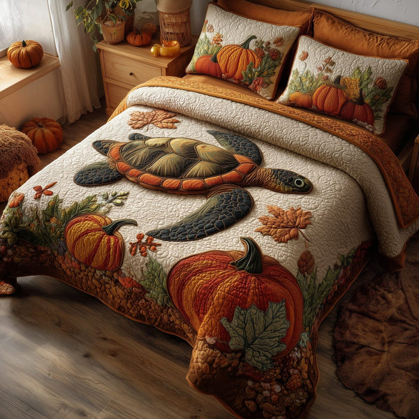 Sea Turtle quilted 3-piece bedding set on a made bed in a light coastal bedroom