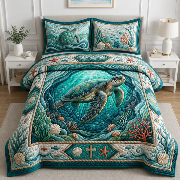 Sea Turtle quilted 3-piece bedding set on a made bed in a light coastal bedroom