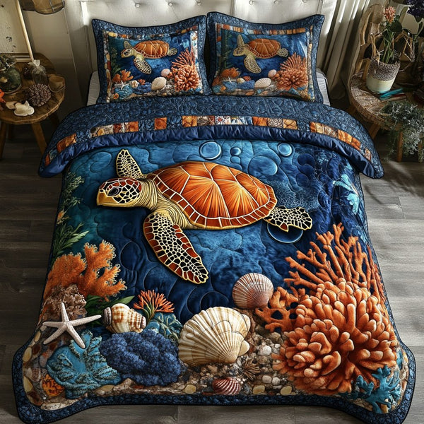 Sea Turtle quilted 3-piece bedding set on a made bed in a light coastal bedroom