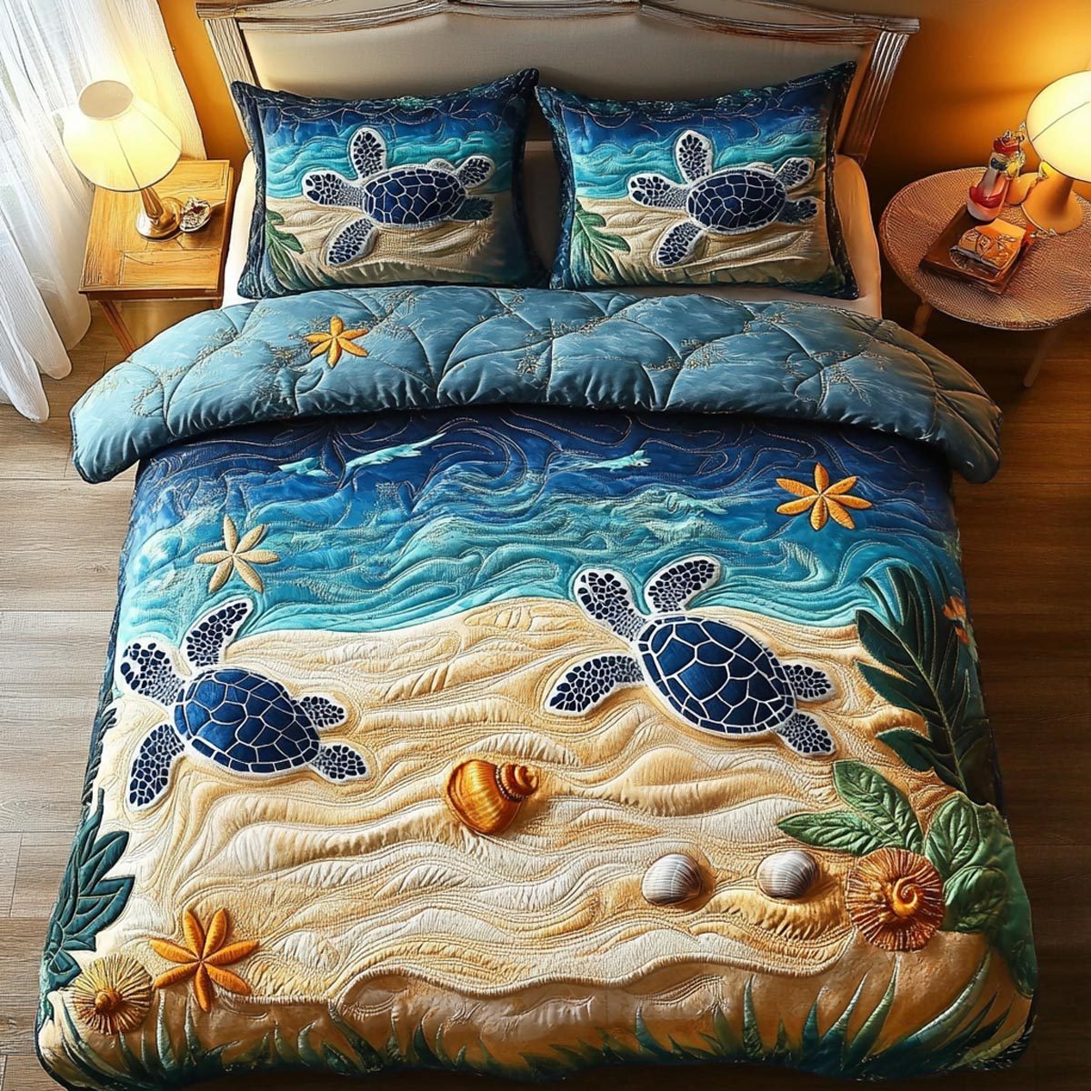 Sea Turtle quilted 3-piece bedding set on a made bed in a light coastal bedroom