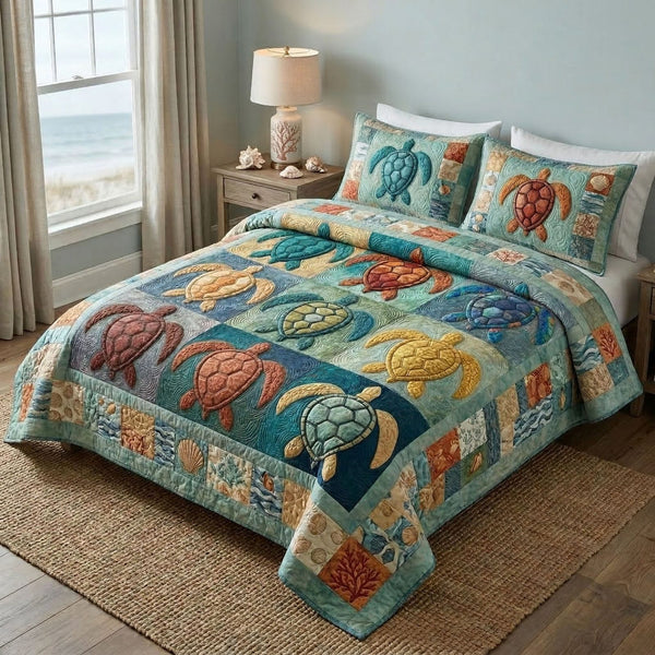 Sea Turtle quilted 3-piece bedding set on a made bed in a light coastal bedroom