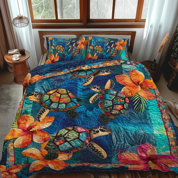 Sea Turtle quilted 3-piece bedding set on a made bed in a light coastal bedroom