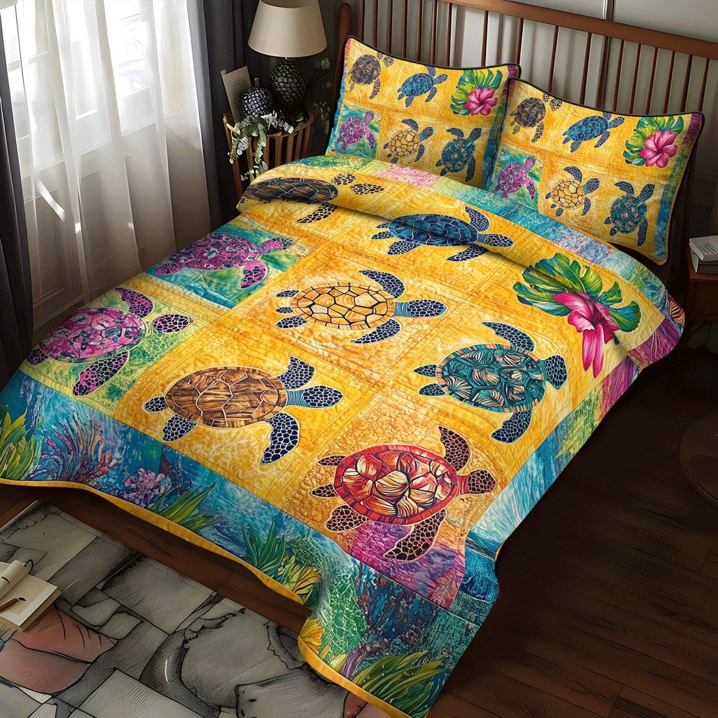 Sea Turtle Sanctuary quilted 3-piece bedding set on a made bed in a light coastal bedroom