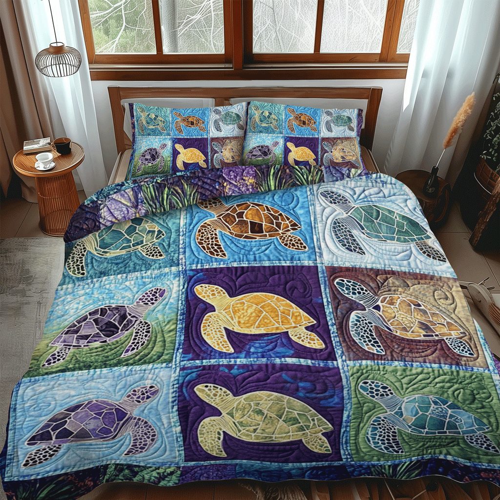 Sea Turtle Sanctuary quilted 3-piece bedding set on a made bed in a light coastal bedroom