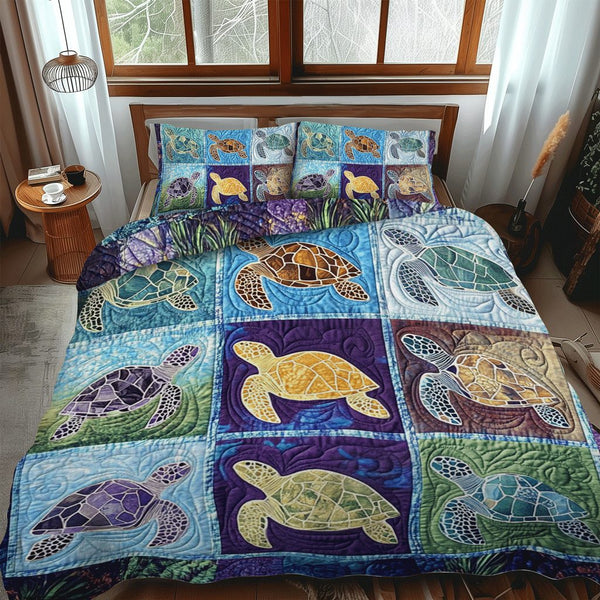 Sea Turtle Sanctuary quilted 3-piece bedding set on a made bed in a light coastal bedroom