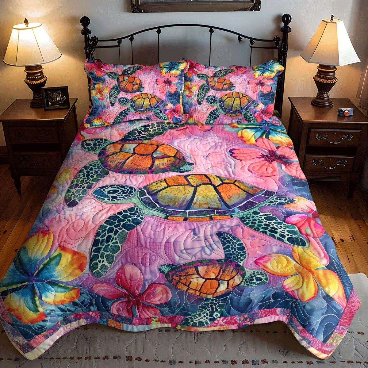 Sea Turtle Sanctuary quilted 3-piece bedding set on a made bed in a light coastal bedroom