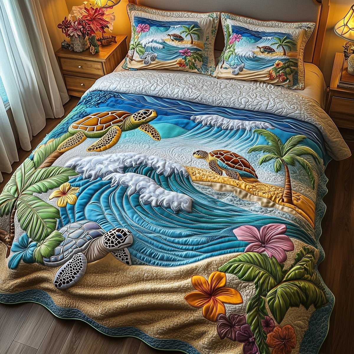 Sea Turtle Serenity quilted 3-piece bedding set on a made bed in a light coastal bedroom