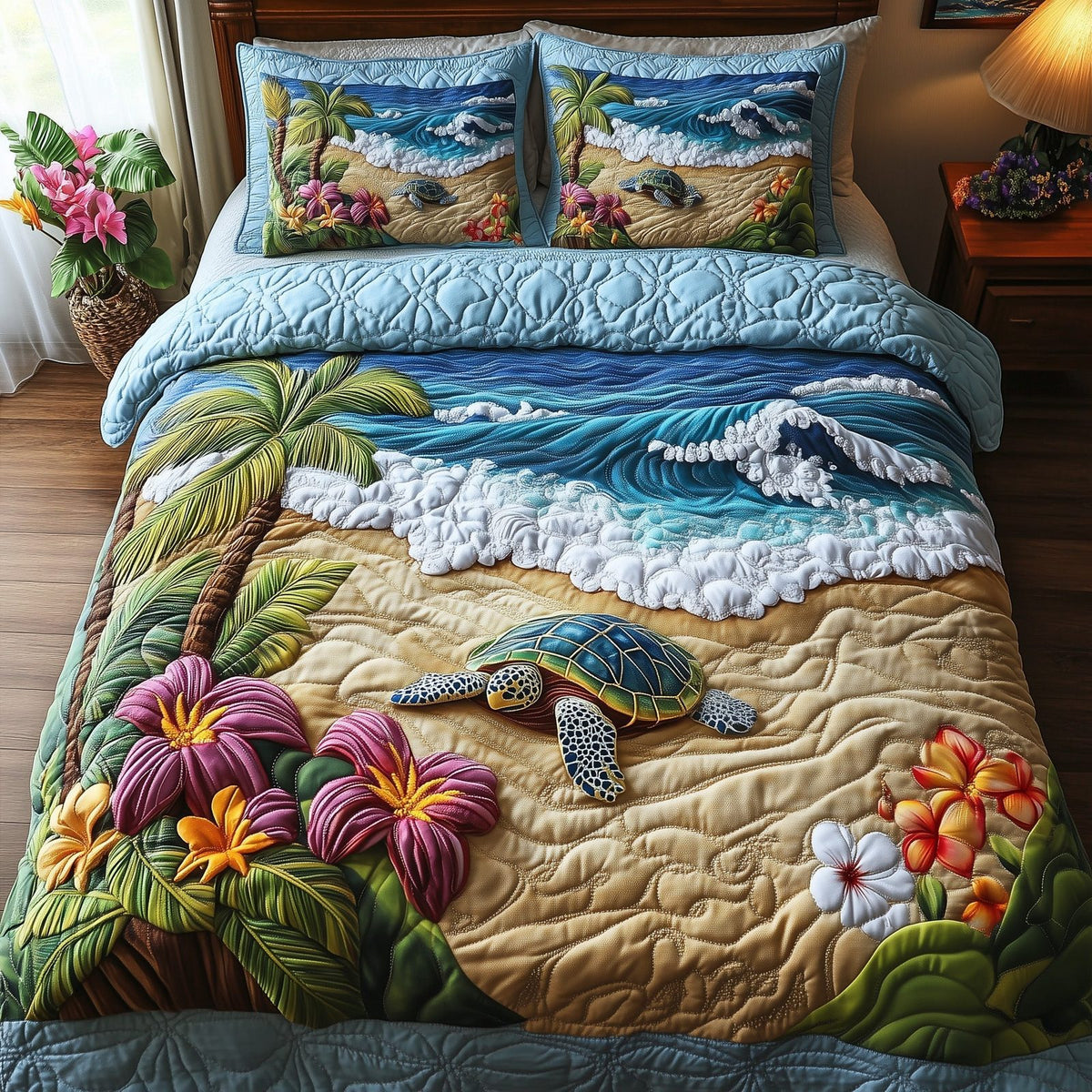 Sea Turtle Serenity quilted 3-piece bedding set on a made bed in a light coastal bedroom