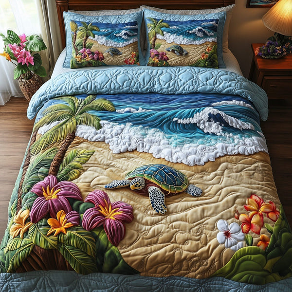 Sea Turtle Serenity quilted 3-piece bedding set on a made bed in a light coastal bedroom
