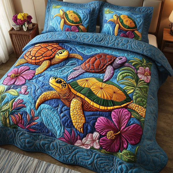 Sea Turtle Serenity quilted 3-piece bedding set on a made bed in a light coastal bedroom
