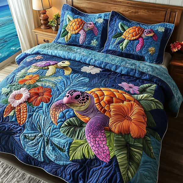 Sea Turtle Serenity quilted 3-piece bedding set on a made bed in a light coastal bedroom