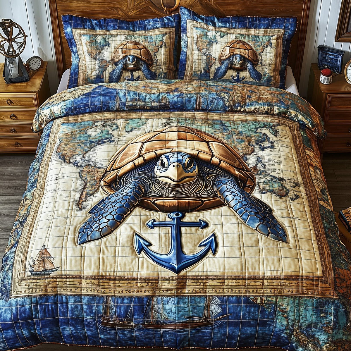 Sea Voyage Turtle quilted 3-piece bedding set on a made bed in a light coastal bedroom