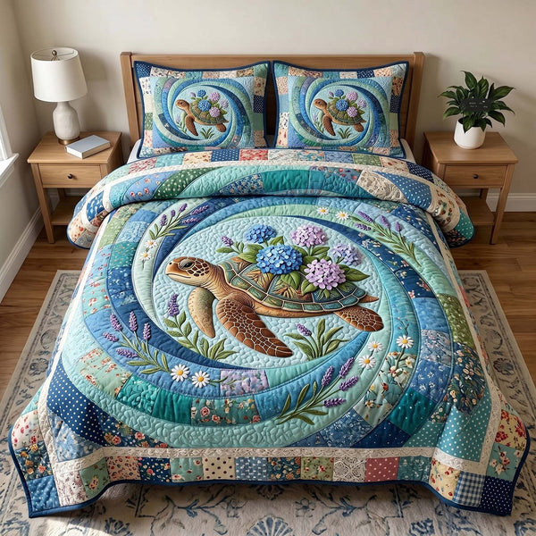 Sea Wanderer quilted 3-piece bedding set on a made bed in a light coastal bedroom