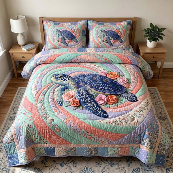 Sea Wanderer quilted 3-piece bedding set on a made bed in a light coastal bedroom
