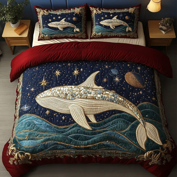 Sea Wanderer quilted 3-piece bedding set on a made bed in a light coastal bedroom