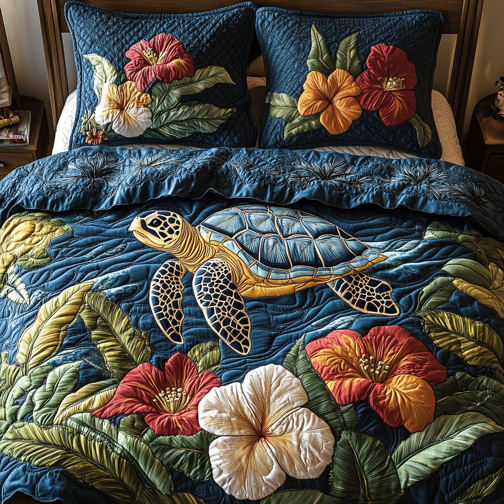 Sea Wanderer quilted 3-piece bedding set on a made bed in a light coastal bedroom