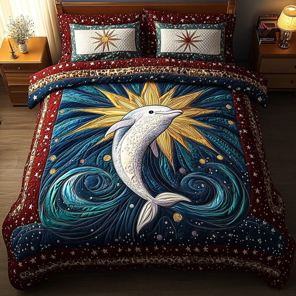 Sea Whisper quilted 3-piece bedding set on a made bed in a light coastal bedroom