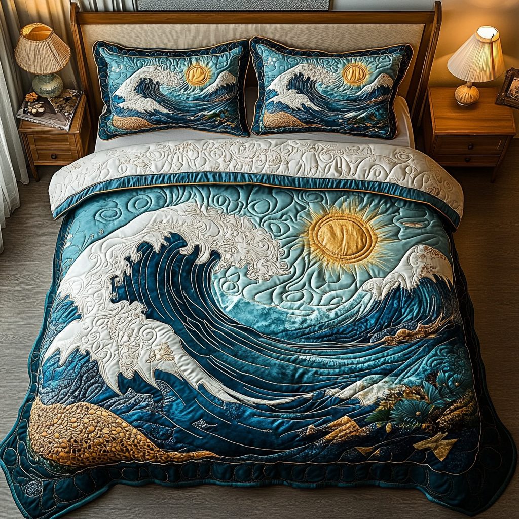 Sea Whisper quilted 3-piece bedding set on a made bed in a light coastal bedroom