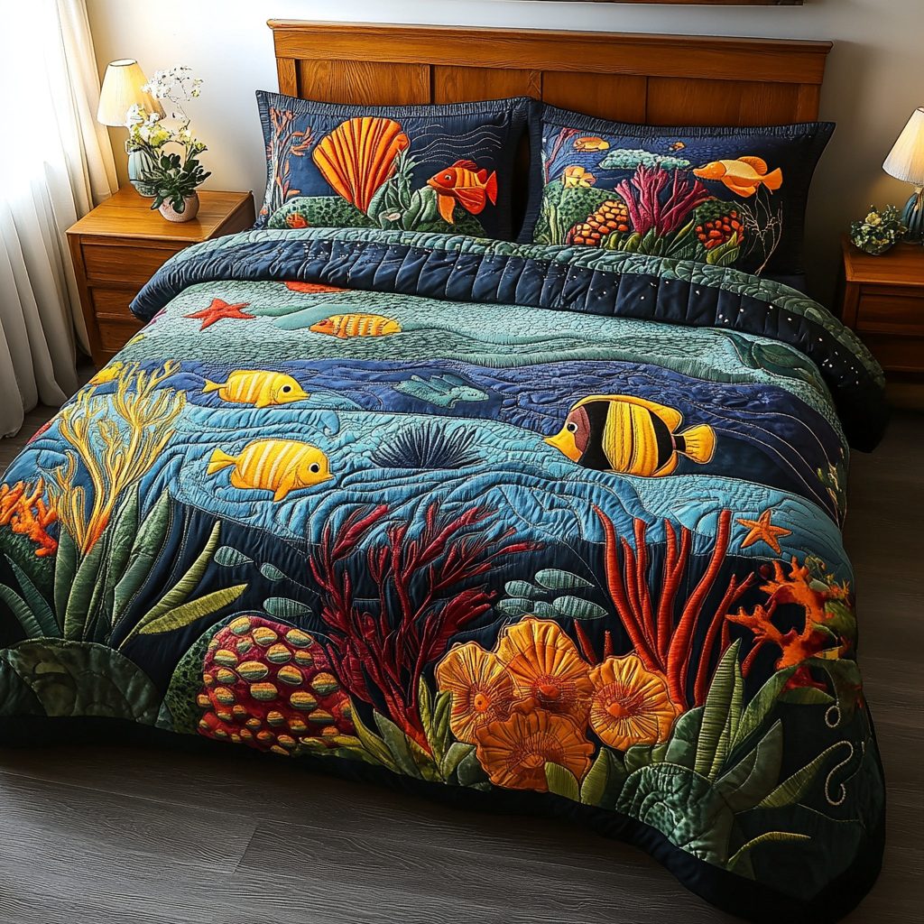 Sea Wonders quilted 3-piece bedding set on a made bed in a light coastal bedroom