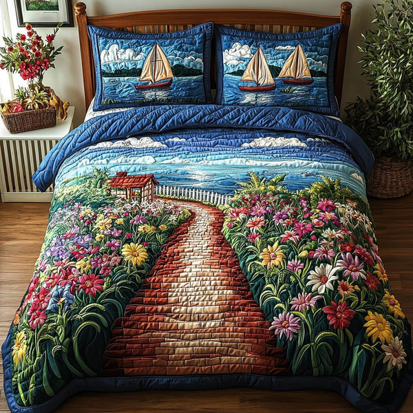 Seabreeze Escape quilted 3-piece bedding set on a made bed with two matching pillow shams