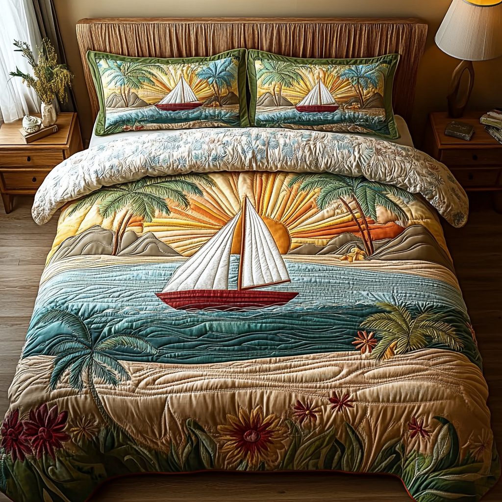 Seabreeze Retreat quilted 3-piece bedding set on a made bed with two matching pillow shams