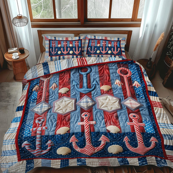 Seafarer Anchors quilted 3-piece bedding set on a made bed in a light coastal bedroom