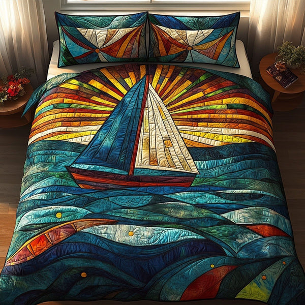 Seafaring Adventure quilted 3-piece bedding set on a made bed in a winter-styled bedroom
