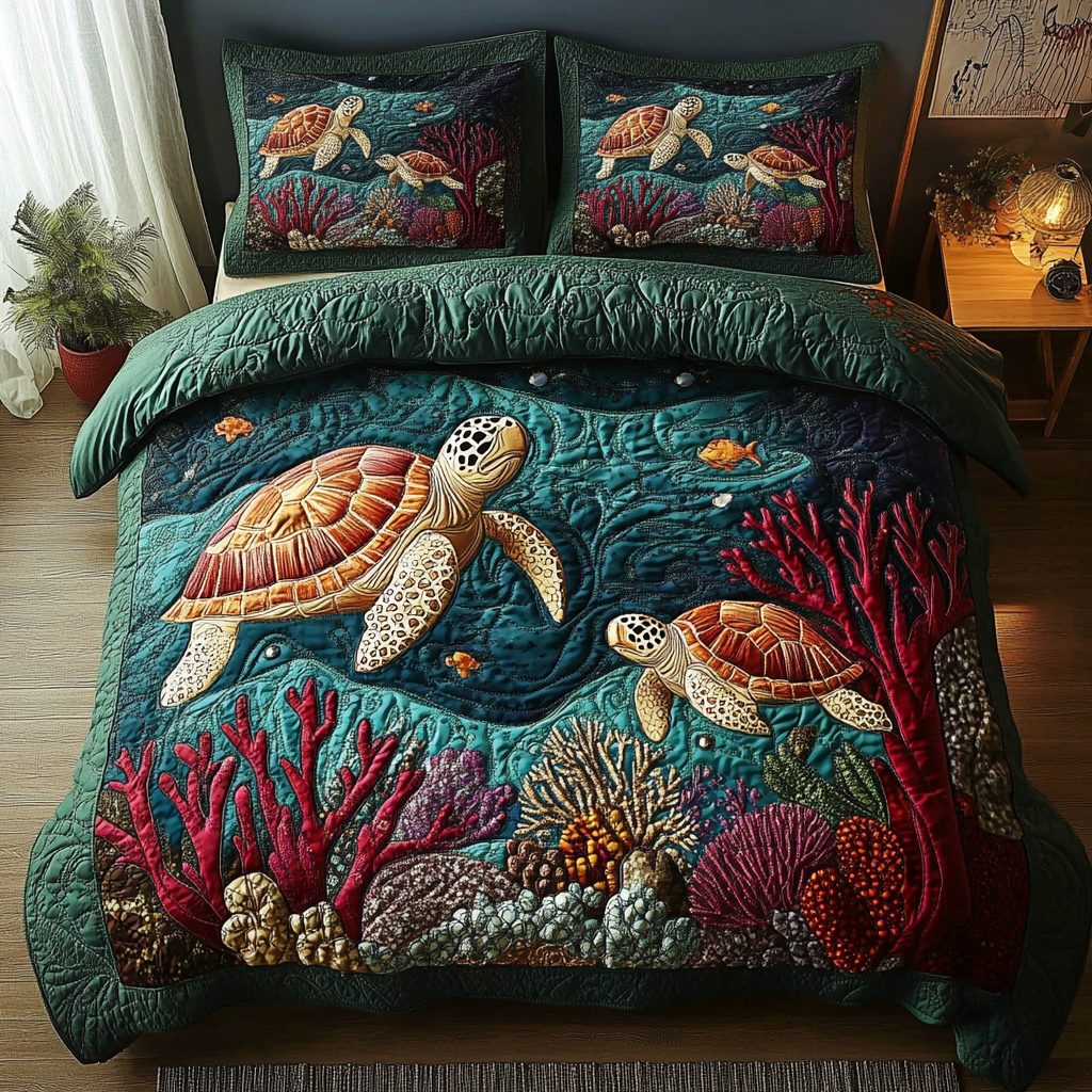 Seagrass Dreams quilted 3-piece bedding set on a made bed with two matching pillow shams